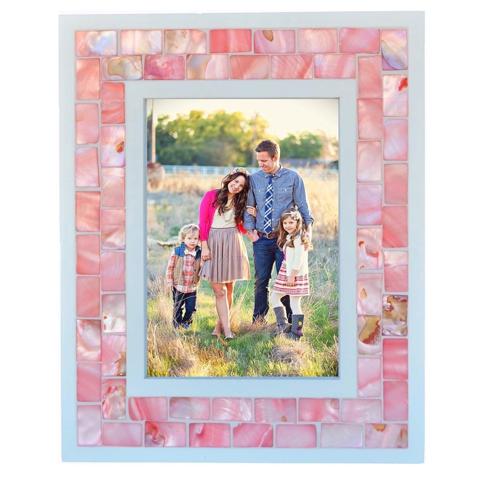 Coral Pink Mosaic Mother Of Pearl Picture Frame 5x7 White Coastal Tabletop Decor